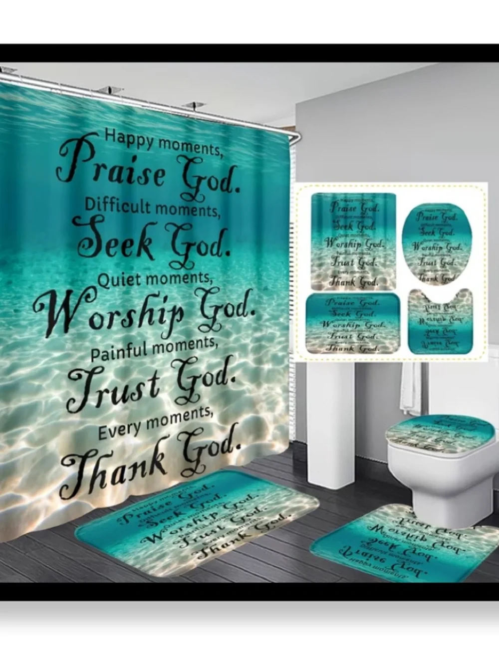 🆕 4 Pc Full Teal Inspirational Bathroom Shower Curtain and Mat Set - Faith Quote